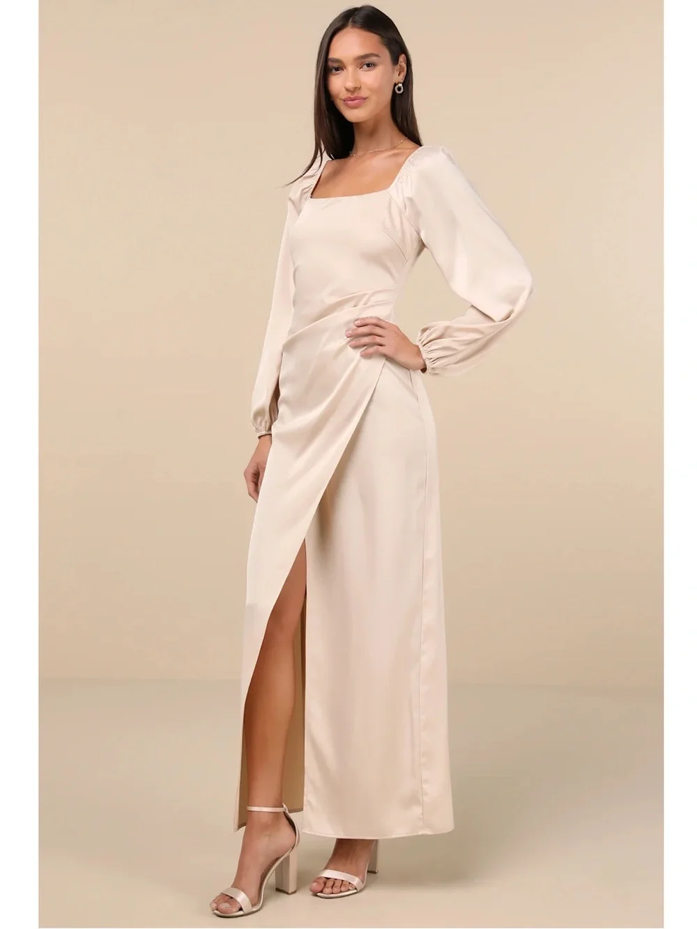 NWT Lulu’s Eternal Heart Champagne Satin Long Sleeve Maxi Dress Extra Large Chic